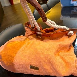 Linen and leather and ropes handle beach bag style purse